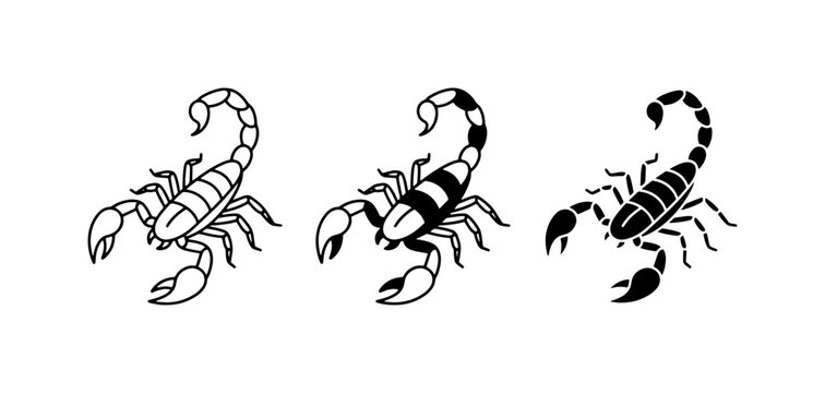 Scorpion Vector Icons, Black and White Arachnid Illustrations, Set of Three Stylized Scorpion Graphics for Wildlife and Nature Designs