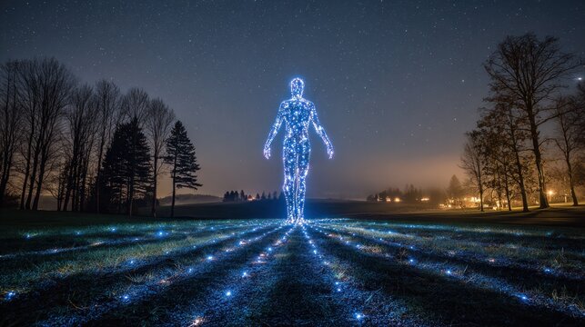Futuristic glowing digital human figure made of light particles in a field at night, representing AI, technology, energy, and digital connection.