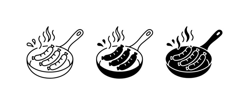 Sausages Cooking in Frying Pan Icons, Hot Food Preparation Vector Graphics, Breakfast and BBQ Meal Illustrations