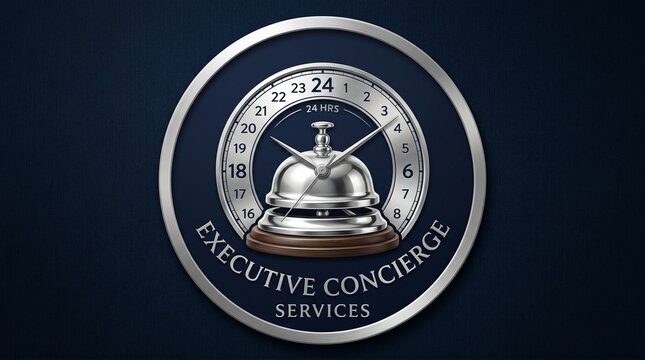Executive Concierge Services Emblem with 24-Hour Clock and Luxury Hotel Bell