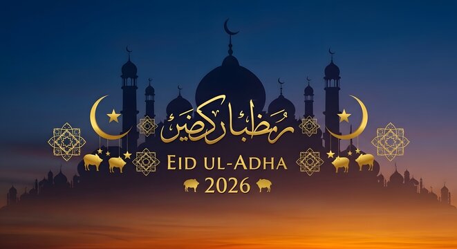 Eid Ul Adha 2026 Greeting Banner with Mosque Silhouette and Golden Arabic Calligraphy on Sunset Background