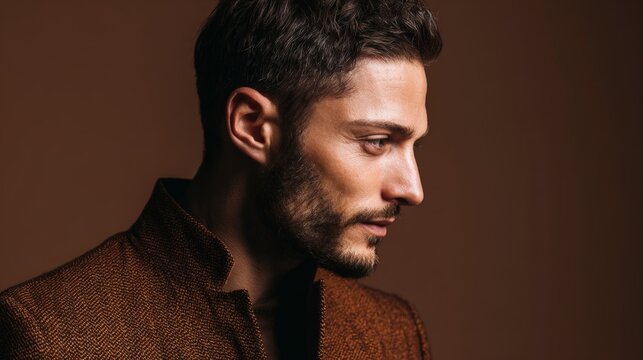 Brown textured jacket worn by man in profile. Dark hair, stubble, and thoughtful gaze dominate the image. Soft lighting highlights contours of face and collar. Warm, muted tones create intimate