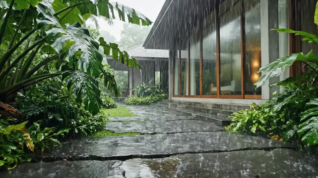 A modern house with large windows stands amidst lush tropical greenery under heavy rain