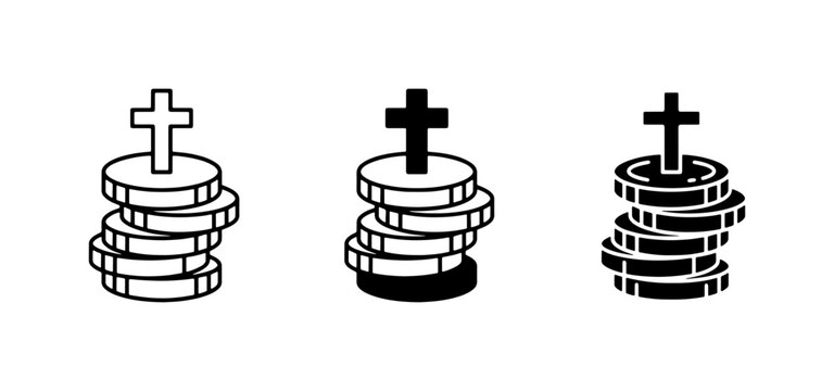 Christianity Coin Stack Icons, Religious Donation Symbols, Faith Currency Graphics, Charitable Giving Vector Set