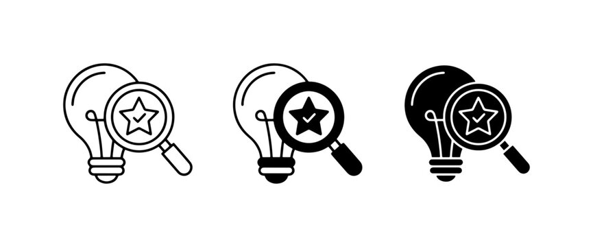 Idea Search Icons, Lightbulb Magnifying Glass, Innovation Discovery, Vector Set