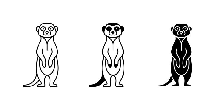 Three Stylized Meerkat Vector Icons: Outline, Flat, and Silhouette, Representing Wildlife and Safari Themes