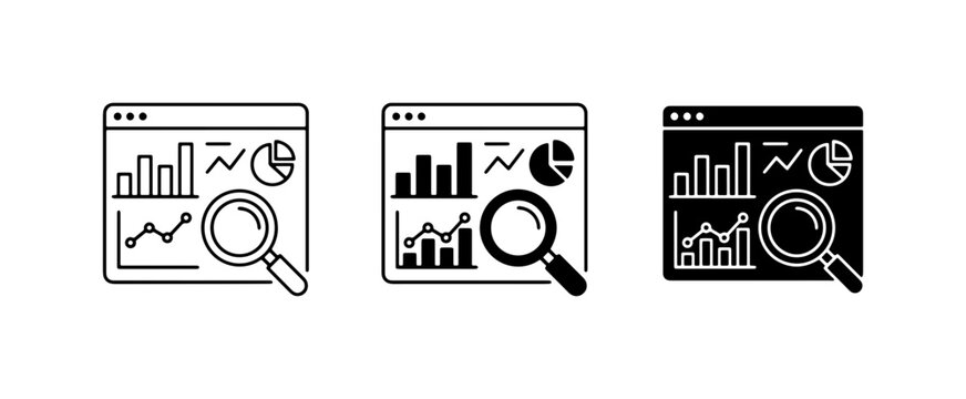Data Analysis Icons Set: Magnifying Glass Over Charts, Graphs, and Analytics Dashboards, Vector Illustrations for Business Intelligence and Research