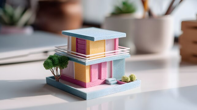 Architectural model of a modern house with colorful facade and miniature trees studio shot