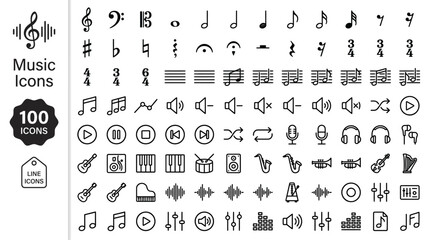 100 minimalist monoline_vector, icons sheet,  Music Icons Vector Set Musical Notation Symbols Instrument Line Art Audio Controls Graphic Elements © fahim