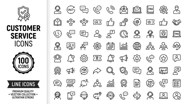 100 minimalist monoline_vector, icons sheet,  Customer Service Icons Support Help Desk 100 Thin Line Vector Set Contact Us Communication Web UI Interface Graphics