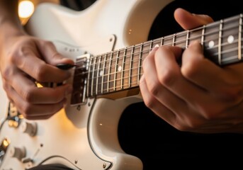 Fototapeta premium Person playing electric guitar with focus on hands and strings