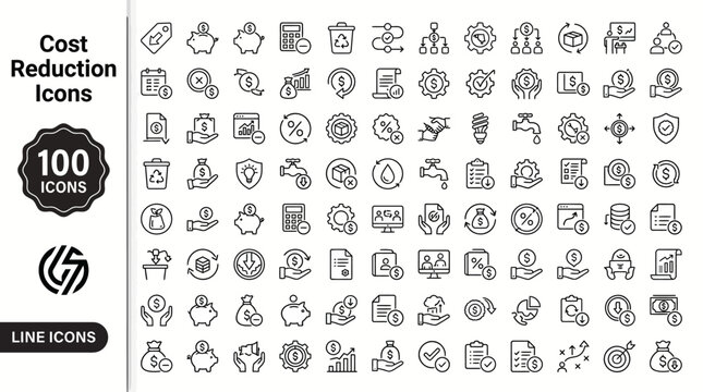 100 minimalist monoline_vector, icons sheet,  Cost Reduction Icons Set 100 Line Vector Icons for Financial Savings Budget Management Efficiency Economy