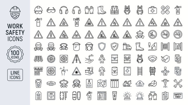 100_minimalist_monoline_vector_icons,  Work Safety Icons Set Industrial PPE Occupational Health Construction Hazard Warning Symbols Monoline Vector