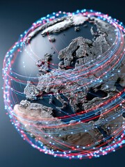 Fototapeta premium Abstract Digital Globe with Interconnected Light Trails Representing Global Networks and Data Flow