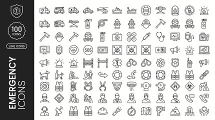 100_minimalist_monoline_vector_icons,  Emergency Services Icons Bundle Medical Firefighter Police Rescue Line Art Vector Collection for Public Safety Management © fahim