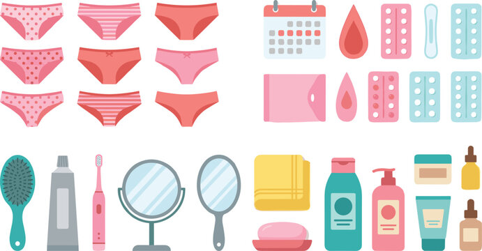 Feminine Hygiene and Beauty Care Icon Collection with Underwear, Sanitary Products, Cosmetics, Mirrors, and Personal Wellness Essentials