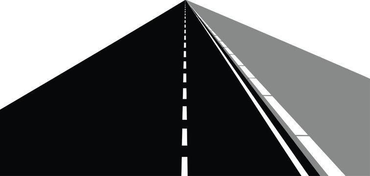 Perspective view of a straight asphalt road with white dashed lines leading