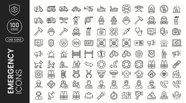 100_minimalist_monoline_vector_icons,  Emergency Services Icons Bundle Medical Firefighter Police Rescue Line Art Vector Collection for Public Safety Management