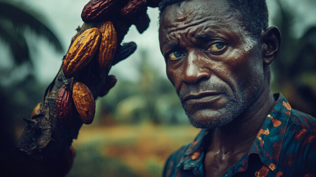 A close up of a farmer examining a dying cocoa tree with concern as he holds a branch bearing dried cocoa pods, highlighting agricultural challenges in farming environments - plant.