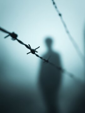 Eerie scene of sharp barbed wire in focus with a blurred mysterious figure standing behind foggy background conveying suspense and isolation
