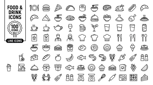 100_minimalist_monoline_vector_icons,  Food and Drink Icon Set 100 Minimalist Line Icons for Restaurant Menu App Design Gastronomy Culinary Symbols