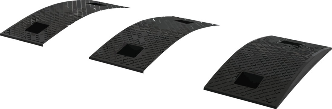 Three black speed bump or rumble strip elements isolated road safety obstacle