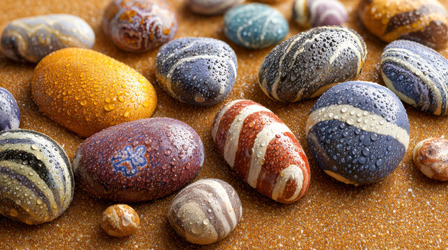 Colorful striped and patterned wet stones placed on a sandy surface showcasing natural textures with water droplets glistening under soft light in a serene outdoor s