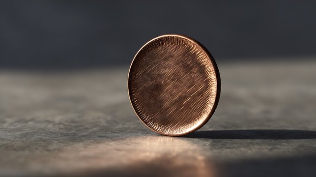 Single blank copper coin standing upright on a textured grey surface