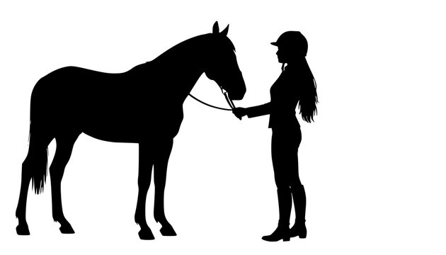Silhouette of a female rider with her horse: Design for equestrian club logos, horse breeding farm brochures, or country life posters. Transparent background PNG version.
