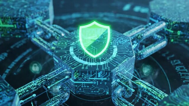 A futuristic 3D render of a blockchain network with interconnected nodes and circuits