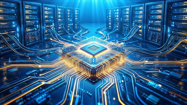 Central processing unit on motherboard with glowing circuit lines in data center. Lockdown shot of futuristic microchip and server racks.