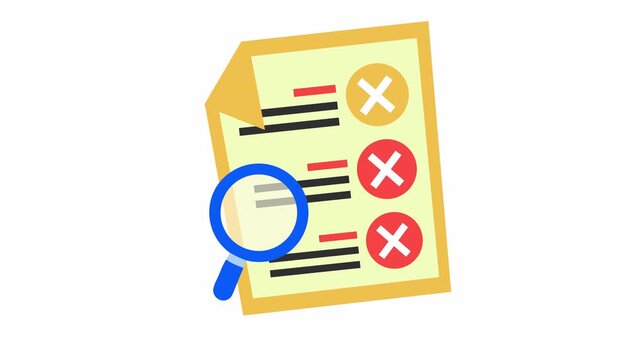 Rejected checkmark on a failed document audit and error quality control checklist with magnifying glass icon in a cartoon animation for business inspection and compliance verification element concept.