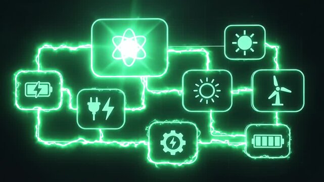 Energy technology concept featuring glowing neon icons of battery, plug, solar power, wind turbine, atomic energy connected by electric circuits symbolizing sustainable power innovation and network