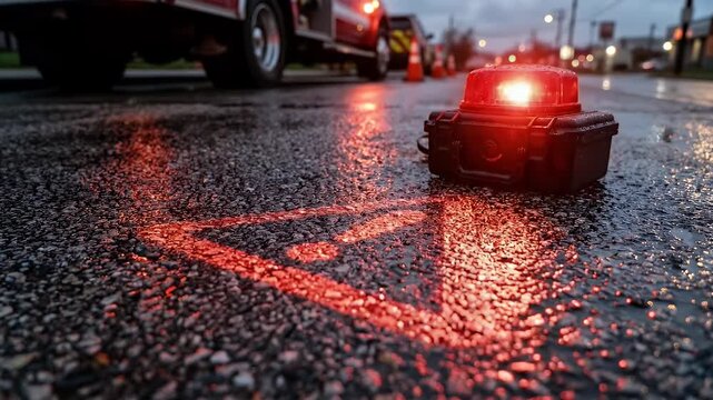 Emergency warning light on wet asphalt road with reflective caution sign glowing red near vehicle and traffic cones blurred in background during dusk for traffic safety