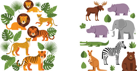 Naklejka premium Wild Jungle Animal Collection with Lion Tiger Zebra Elephant and Tropical Leaves Vector Illustration Set for Safari, Wildlife and Nature Design
