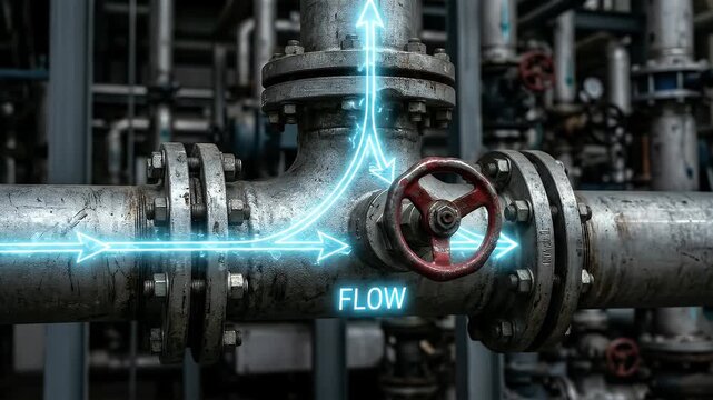 Industrial pipe valve flow direction arrows metal pipeline system red handwheel mechanical equipment factory setting fluid control distribution pipe valve flow metal industrial pipeline red handwheel