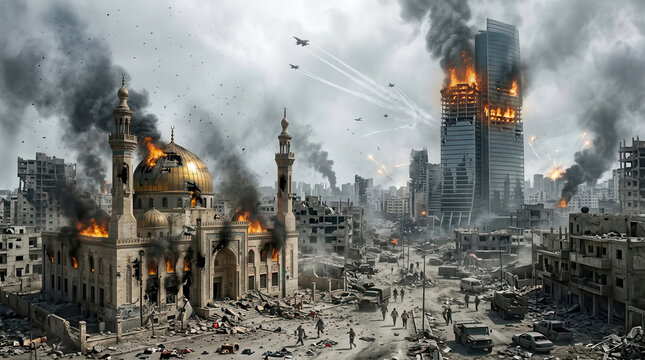 A desolate war-torn urban landscape featuring a burning mosque and a damaged modern skyscraper under military jets