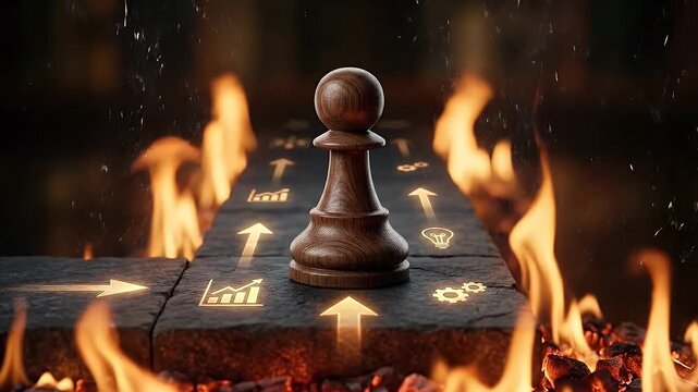 Chess pawn on stone path with glowing business icons and flames, symbolizing strategic growth, success, and overcoming challenges with fire, determination, and focused strategy