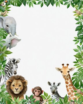 Adorable Jungle Safari Animals Border with Lush Greenery, Perfect for Invitations and Decorations