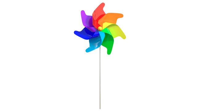 3D render of a vibrant rainbow pinwheel with seven colorful petals and white plastic stick. High quality toy windwheel isolated on transparent background.