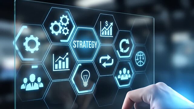 Business strategy concept featuring digital technology innovation with icons of gears, graph, light bulb, team, and financial growth on virtual screen interface in futuristic office environment