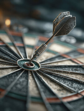 Close Up of a Metal Dart Hitting the Bullseye on a Professional Dartboard Center, Symbol of Success Achievement and Precision Goal Targeting in Business Strategy Competition and Focus