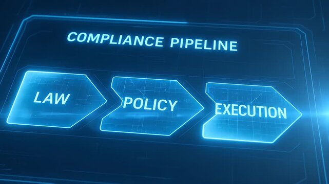 Compliance pipeline law policy execution concept featuring futuristic digital interface with glowing blue arrows symbolizing regulatory process and seamless technology workflow integration