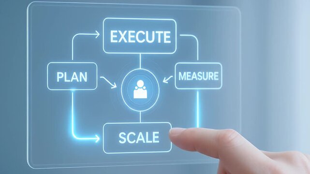 Business process workflow execution measurement scaling planning using finger digital interface touchscreen, plan execute measure scale cycle for analytics strategy, performance tracking