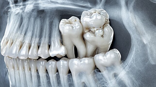 Close up of impacted wisdom teeth on dental x-ray, showing crowding and decay