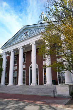 Classical style portico entrance to a building at Harvard University