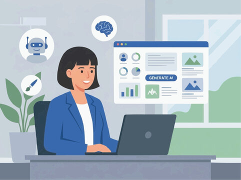Businesswoman Using AI Productivity and Content Generation Tools on Laptop 2D Vector Illustration