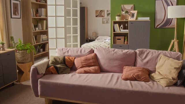 Interior of cozy living room featuring soft fabric couch with scattered pillows, bookcase filled with books, framed abstract artwork hanging on green wall in plant decorated room