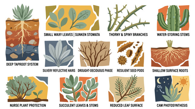 Collage of illustrations showcasing various types of succulents and cacti with descriptive labels on a clean white background.