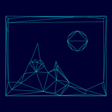 Picture of mountains and Sun icon low poly triangulation triangulated polygonal electric cyan blue vibrant aqua neon color vector illustration image outline contour line